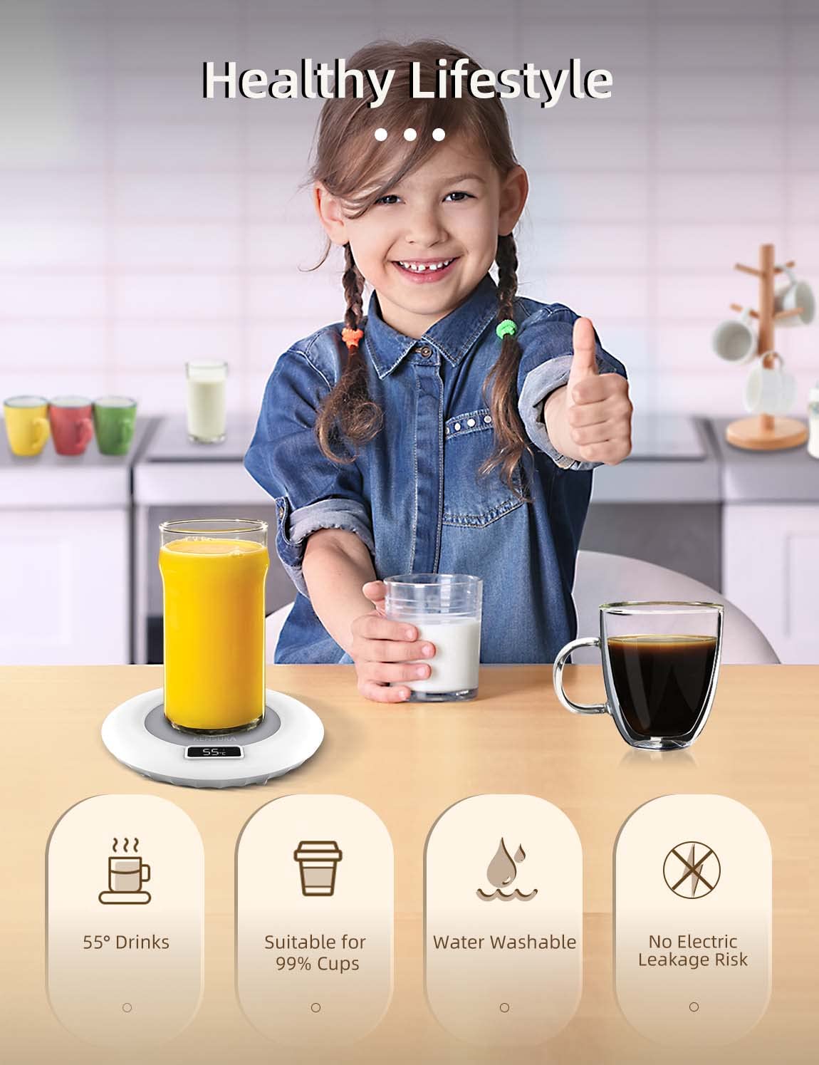 Riscaldatore per tazza da caffè KENSUKA per scrivania, funzionamento a induzione di gravità, temperatura costante di 55℃, ingresso di alimentazione USB 5V/2A, lavabile con acqua.