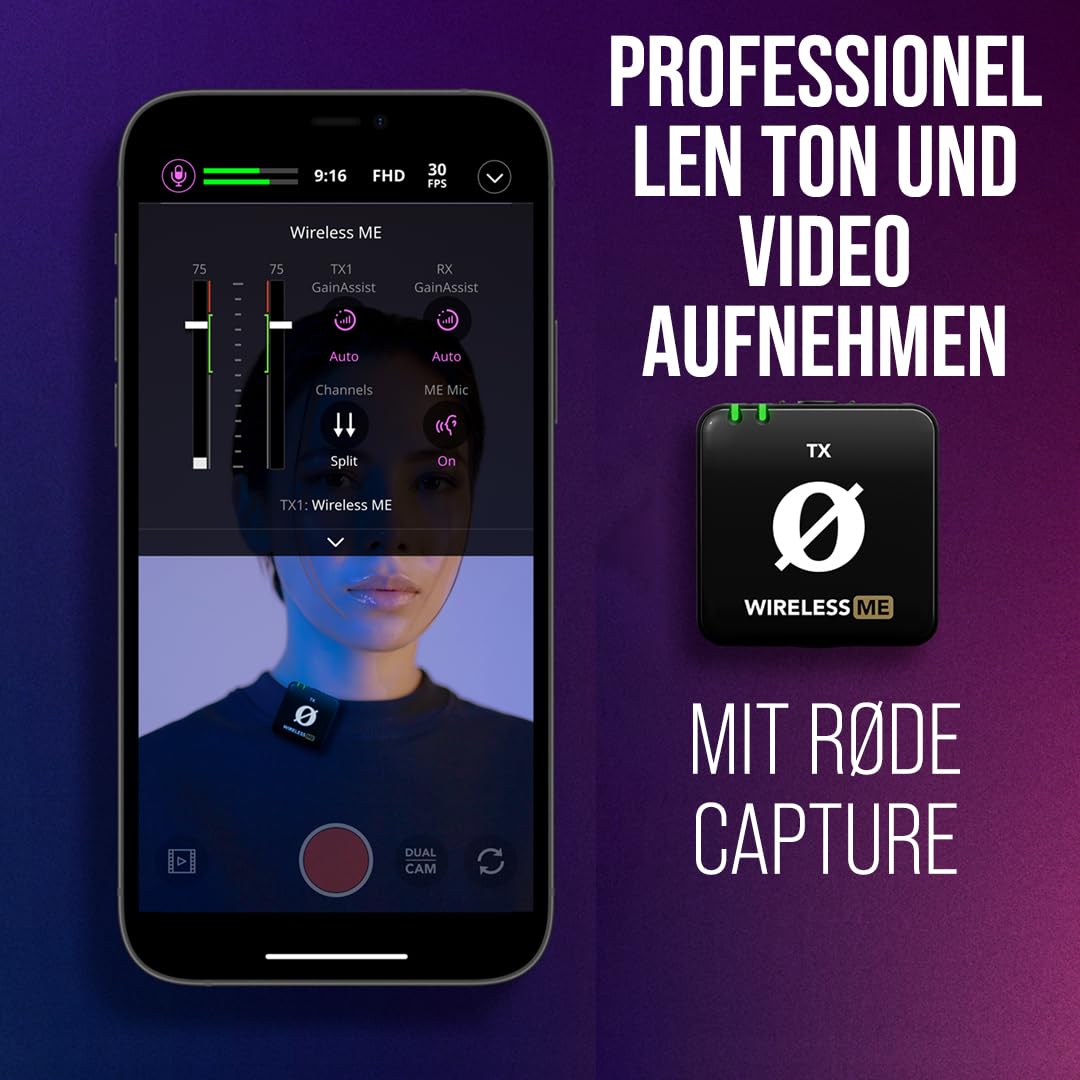 RØDE Wireless ME TX Ultra-kompakter Drahtlos-Mikrofonsystem, GainAssist-Technologie und 100 m Reichweite für Videoaufnahmen, Interviews und Content Creation (schwarz)