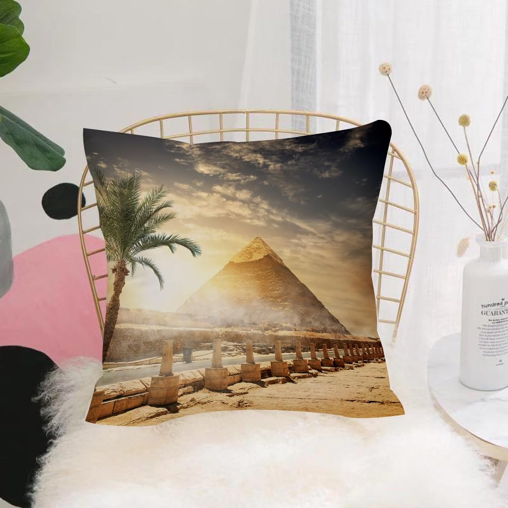 HYOSXW Cushion Cover,Throw Pillow Case Home Decorative for Living Room Bedroom Sofa Chair 16X16 Inch,Egyptian Pyramid and Khafre Palm Tree Near Road in Sunlight Magic Icons Art,Pillowcase 40X40cm