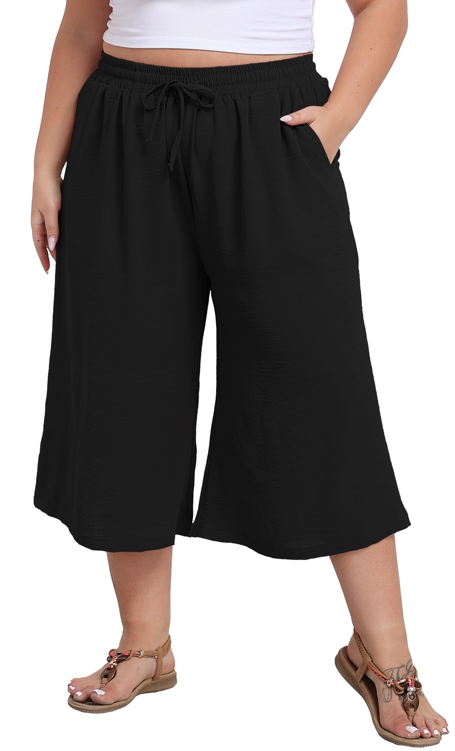 goodmansam Womens Plus Size Capri Culottes Pants High Waisted Wide Leg Palazzo Trousers with Pockets for Summer Casual