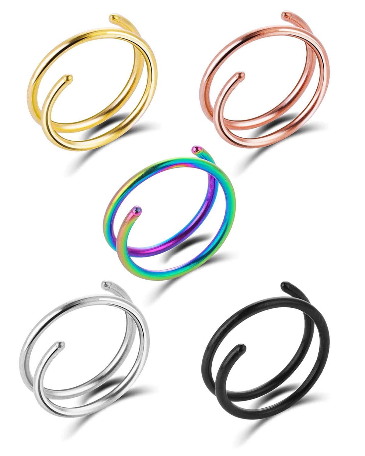 IPNSDON 5 PCS- Anillo de Nariz Doble para Solo Aro Perforado de Acero Inoxidable Nariz Joyería para Nillos Dobles para un Solo Piercing,de doble hélice en espiral para mujeres, hombres