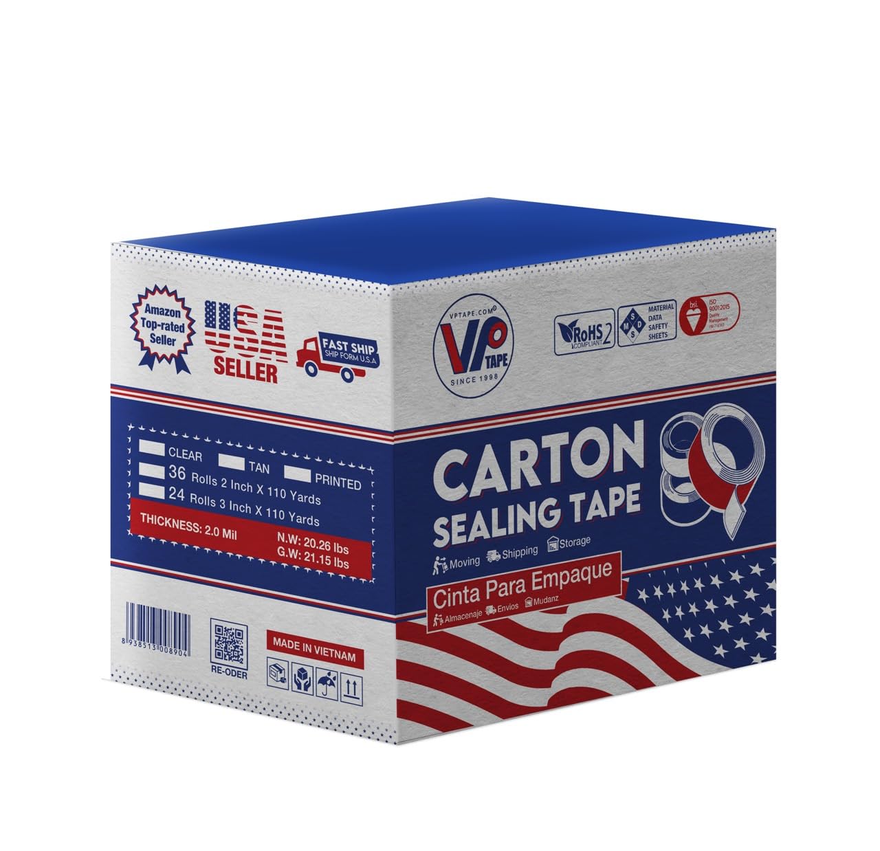 Packaging Tape, 2 Inch x 110 Yards, Thickness 2.0 Mil, Clear (18)