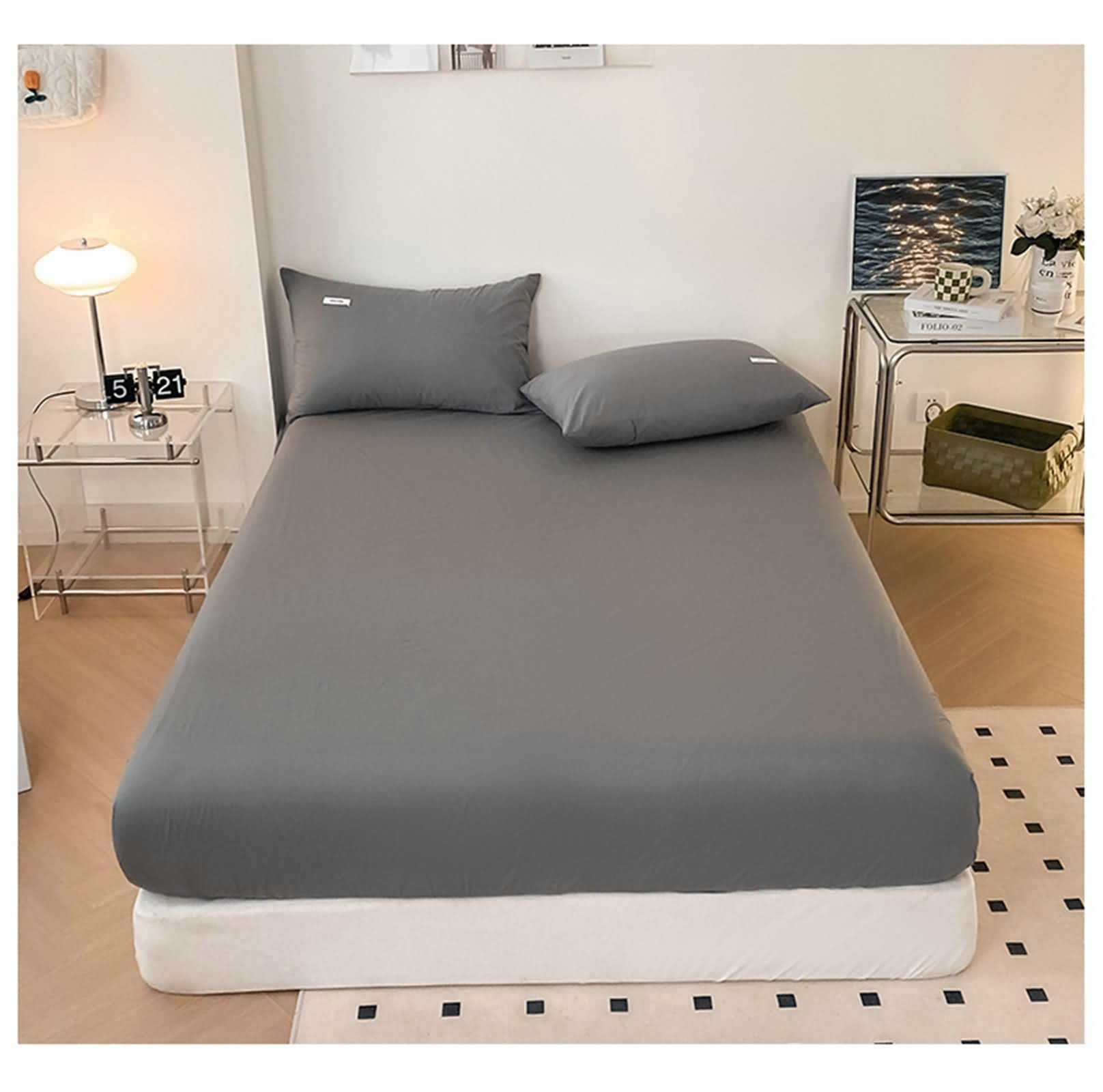 Spannbetttuch Baumwolle Doppelbett, Einfarbig, 150 x 200 cm, Spannbettlaken Grau