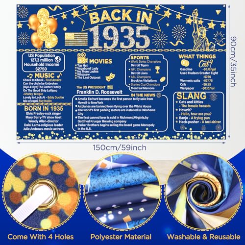 Image of 90th Birthday Decorations for Men Women Navy Blue Gold Vintage Back in 1935 Banner Happy 90th Birthday Honeycomb Centerpiece Hanging Swirls Sash Paper Pompoms Decor for Cheers to 90 Years Old Supplies