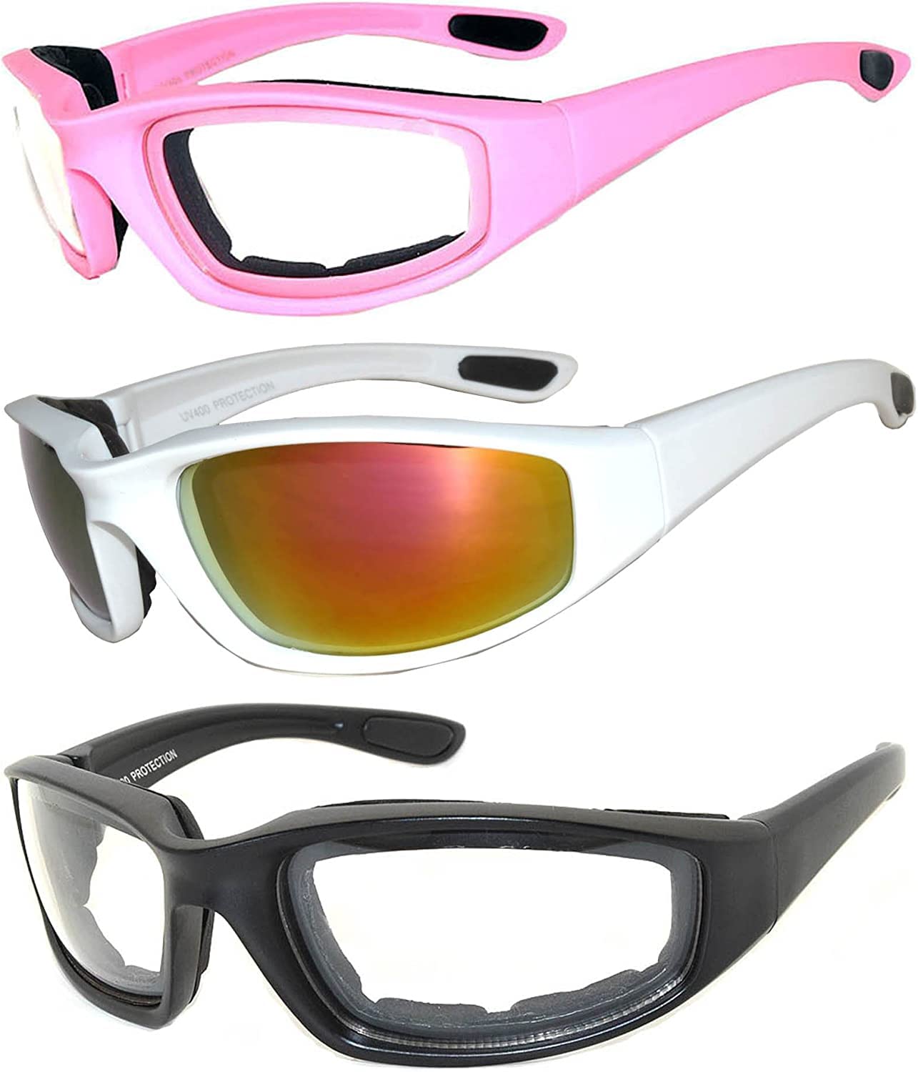 OWL 3 Pack Motorcycle Riding Glasses, Padded Sport Sunglasses, Assorted Colors for Men and Women