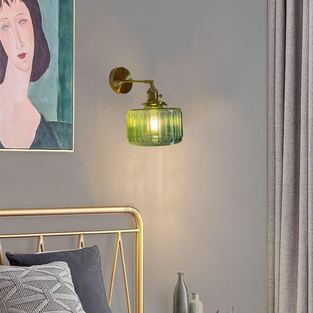 Vintage Wall Sconces with Switch Ribbed Glass Shade Morden Brass Wall Light Fixtures Brass Finish Bedside Wall Mounted Lamp for Bedroom Bathroom Living Room Farmhouse Vanity (Green) image 4
