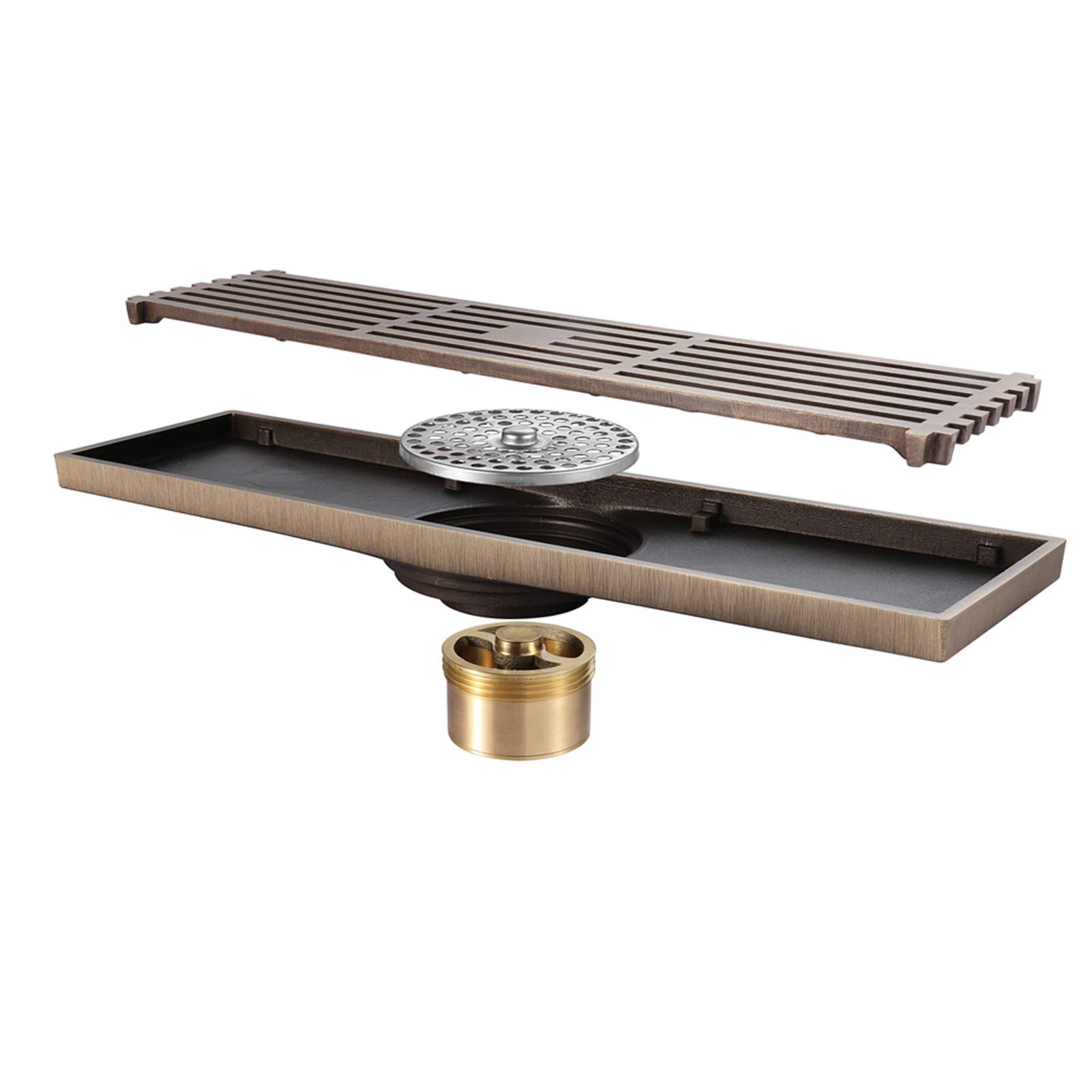 Caniveau de Douche Bronze Drain de Plancher Laiton Rectangulaire Siphon de Sol Anti-Odeur Drain De Douche pour WC Salle de Bain Cuisine (300mm × 82mm)