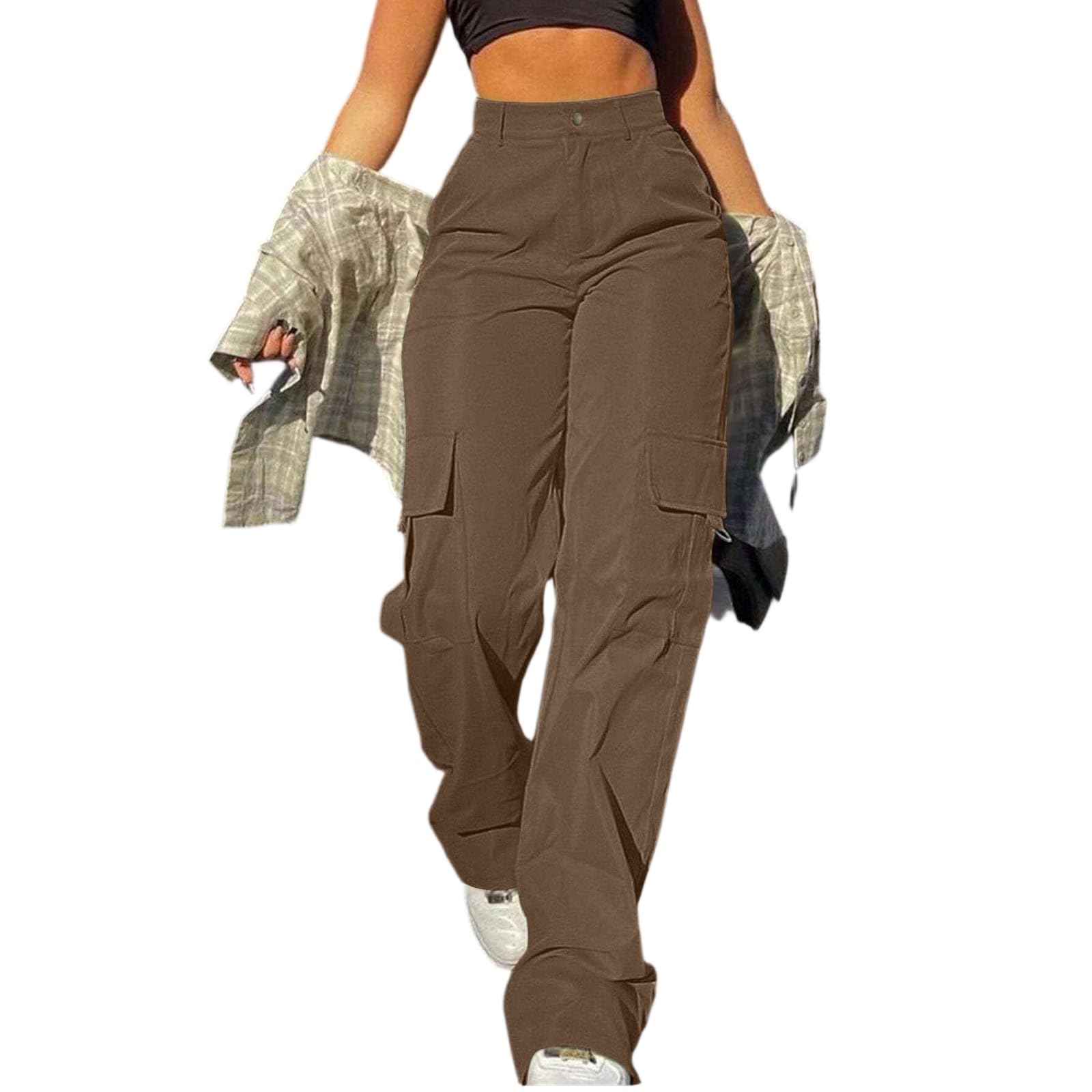 Womens Fashion Lightweight Cargo Pants High Waist Beltless Straight Leg Loose 4 Pockets Cargo Hiking Pants