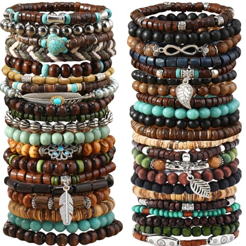 SONNYX 43Pcs Punk Wooden Beads Bracelets Gothic Bracelet for Men Adjustable Vintage Beaded Bracelet...