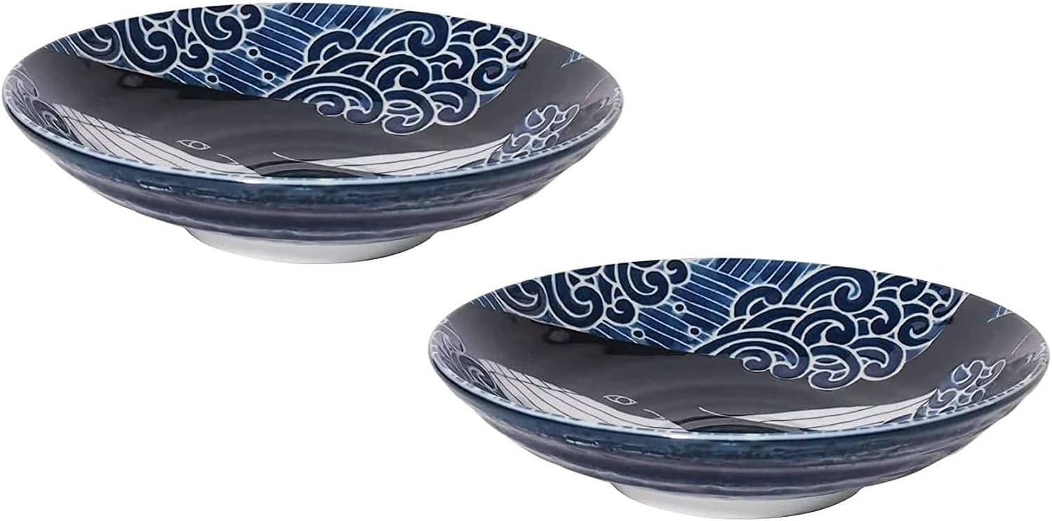 Assiette Creuse en Céramique Japonaise Mino-yaki, Pour Soupe Salade Pâtes, 22cm, Motifs de Baleine Bleue, Set de 2 Assiettes, Fabriqué au Japon, 797692