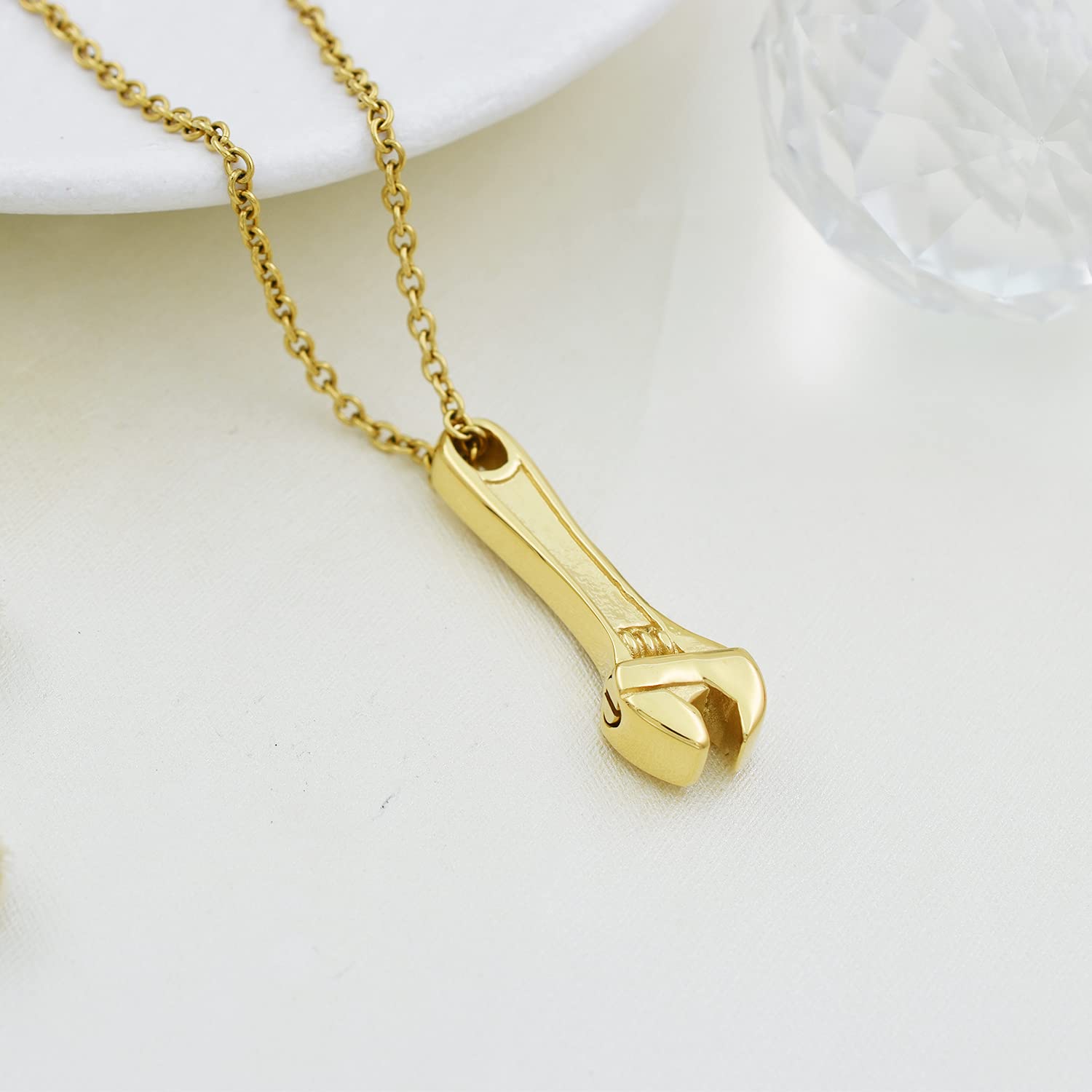Tool Wrench Urn Pendant Necklace for Ashes Stainless Steel Men Keepsake Locket Memorial Cremation Jewelry Urn Necklace for Human Adult(Gold)