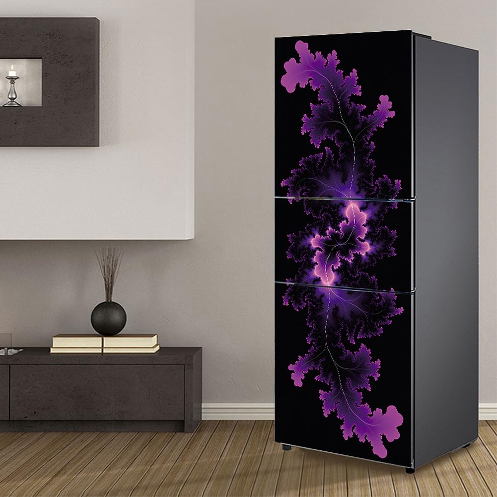 Fridge Sticker, Fridge Sticker Full Covering Door Covers Skins Wall Stickers for Kitchen Decal, Purple Flower Leaves(M: 60x180 cm)