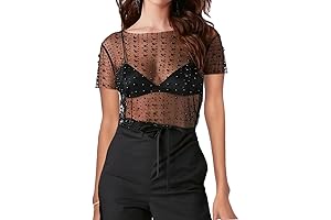 Women's Pearl Rhinestone Sheer Mesh Crop Tee Top: Unleash Your Inner Glamour