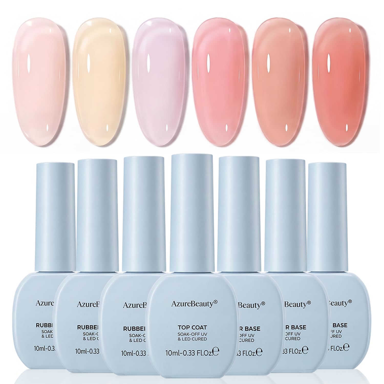 AZUREBEAUTY 10ml 6 Color Rubber Base Gel Polish with Top Coat Set, Builder Gel for Thin Weak Nails, Sheer Nude Pink Jelly Self-Leveling Apex Building Nail Strengthener, Long Lasting Soak Off UV LED