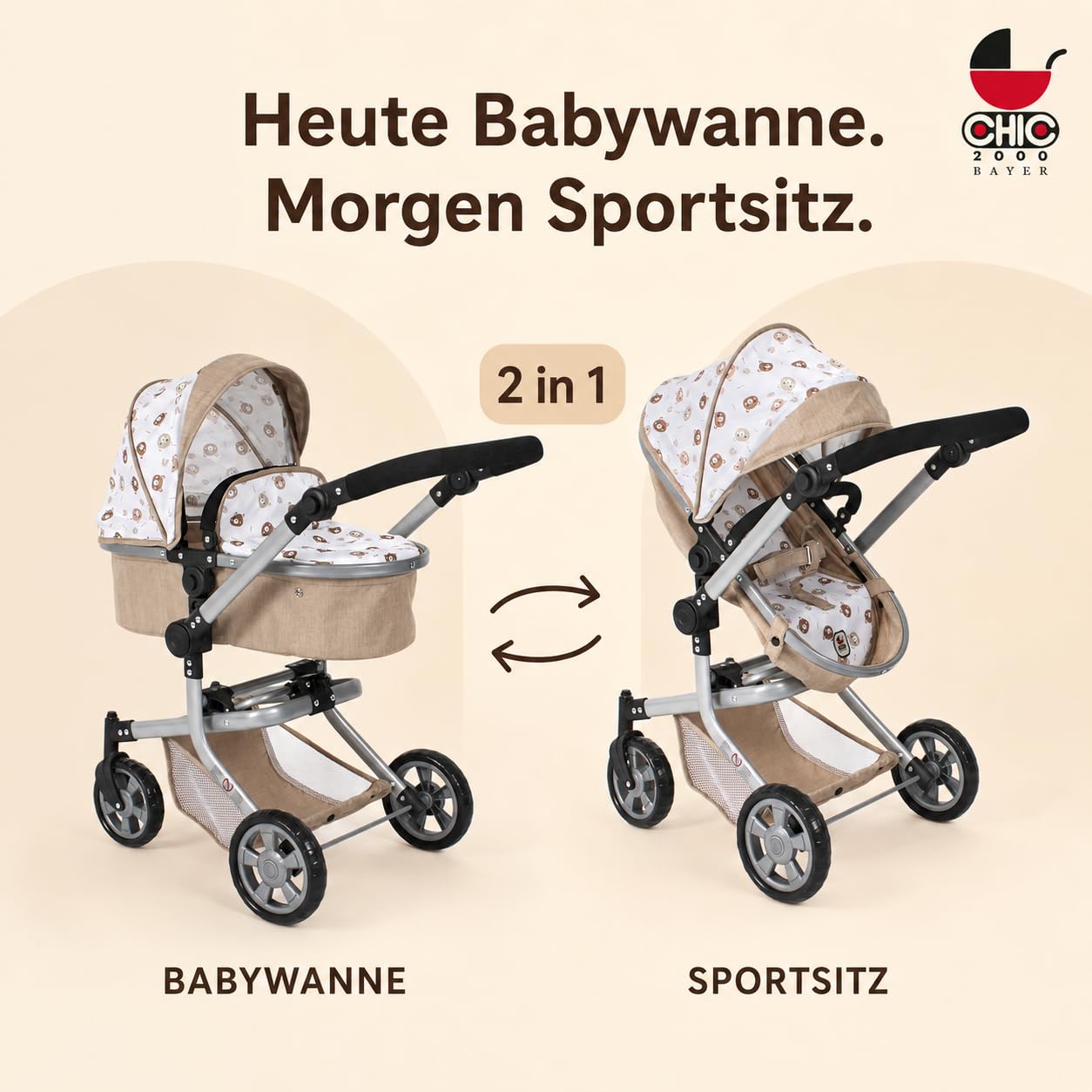 Bayer Chic 2000 Wózek dla lalek Mika, wózek 2 w 1, dla dzieci w wieku od 4 do 8 lat, wózek dla lalek do 52 cm, beżowe misie | Duży wózek dla lalek kombi 2 w 1 z regulowanym fotelem sportowym dla lalek do 52 cm. Beżowy miś, uchwyt 47-80 cm, od 3 lat