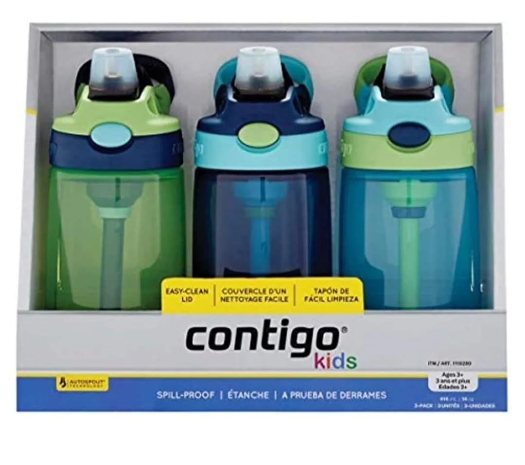 Contigo Kids Water Bottle, 14 oz with Autospout Technology – Spill Proof, Easy-Clean Lid Design – Ages 3 Plus, Top Rack Dishwasher Safe, 3-Pack, Green / Blue, blue green