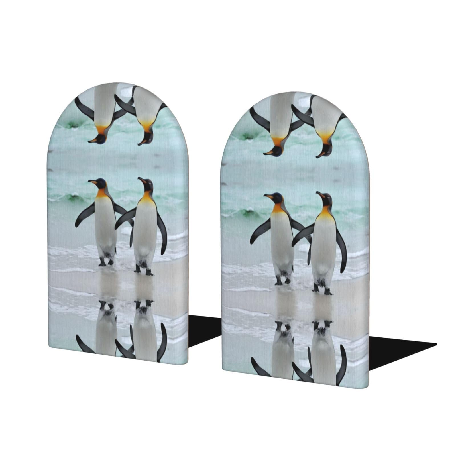 Cute Penguin (2) (2) Stylish Bookends with Full-Print Design Durable Wooden and Metal Bookend Set for Home, Office