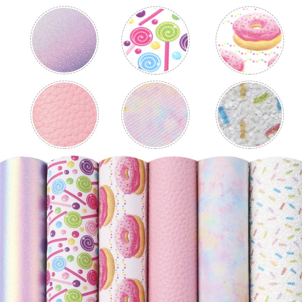 David Angie 6pcs 7.9" x 13.4" (20 cm x 34 cm) Food Printed Faux Leather Sheet 4 Styles Synthetic Leather Sheet Assorted for DIY Earrings Hair Bows Making (Assorted)