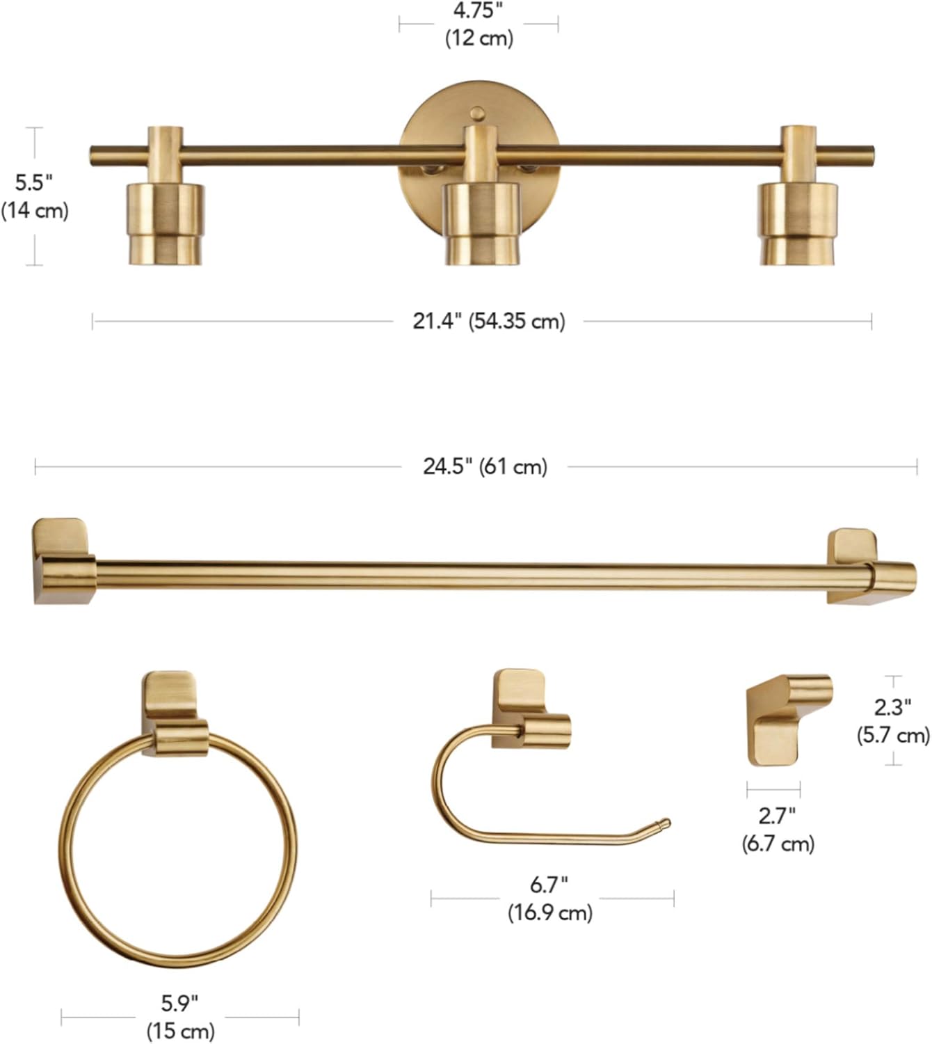 Alexandria Matte Brass 5-Piece Bathroom Set with 3-Light Vanity