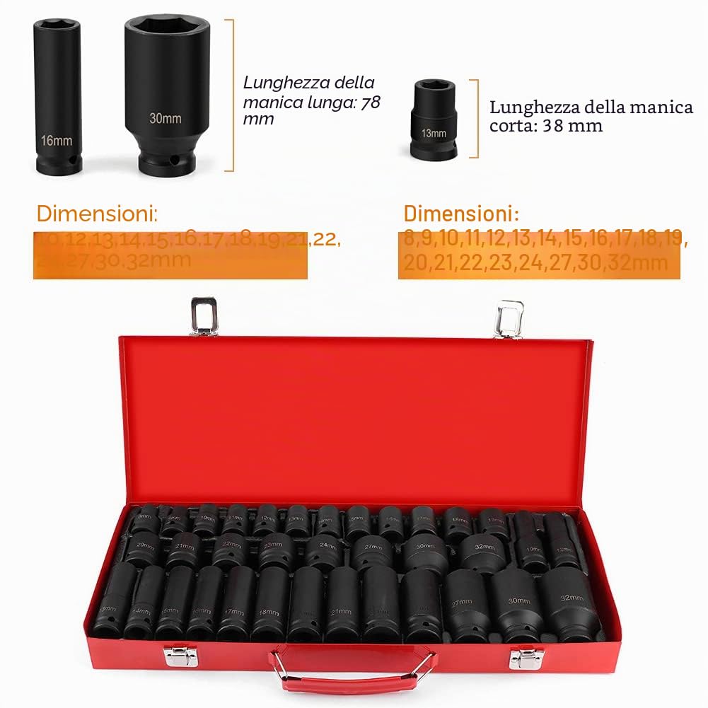 35Pcs Set di manicotti a bussola per bit esagonale con impatto profondo metrico per cricchetto 1/2 pollice con punta a 6 punte