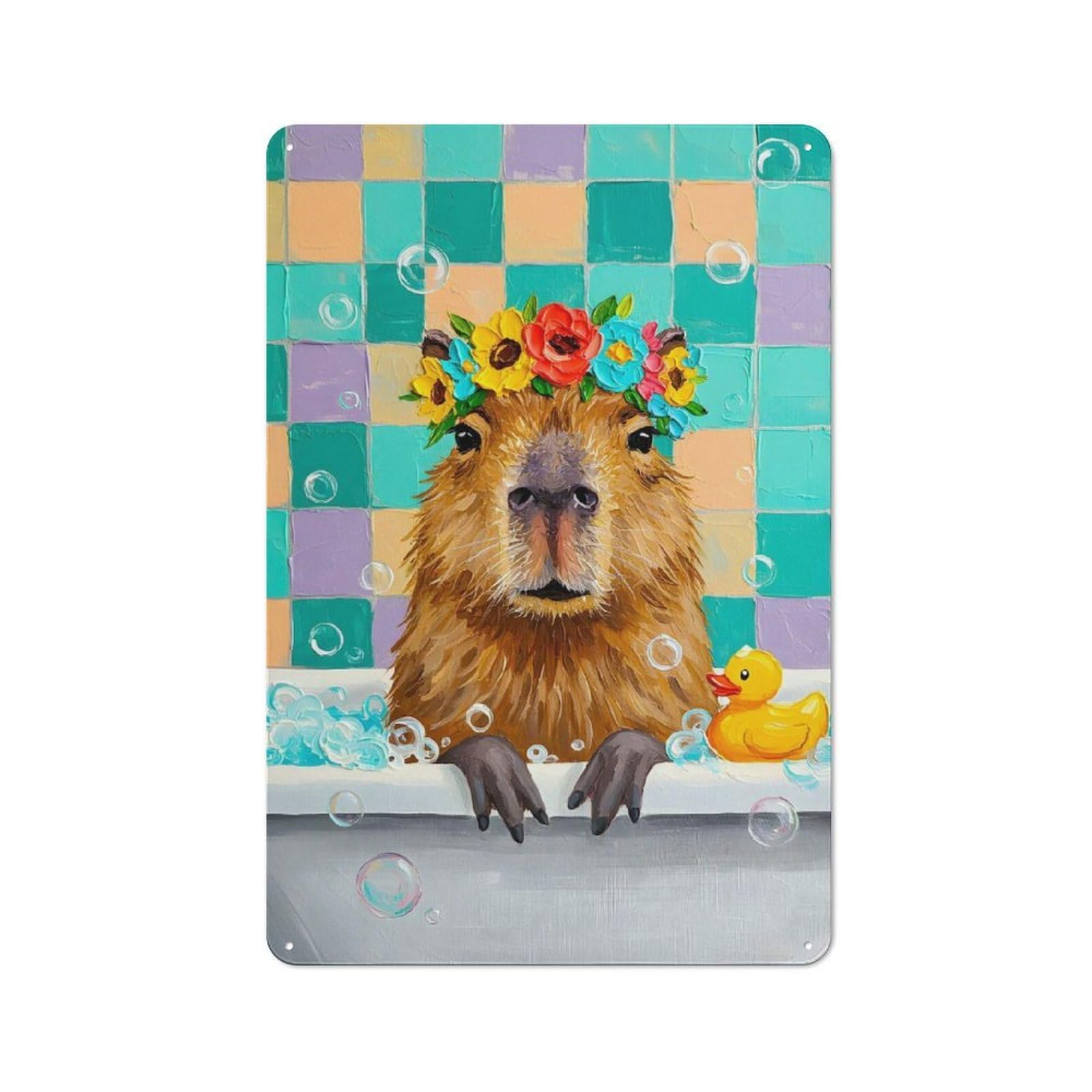 Junmoney Capybara In Bathtub With Flower Crown Retro Metal Plaque 30X20cm Featuring For Garage Wall, A Winter Wall Decor Update For Workshop Decor Fans