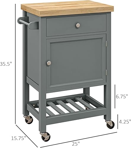 Miniatura 7 de HOMCOM Carrito de cocina utilitario, isla de cocina rodante con parte superior lisa de madera de caucho, superficie estrecha de bloque de carnicero