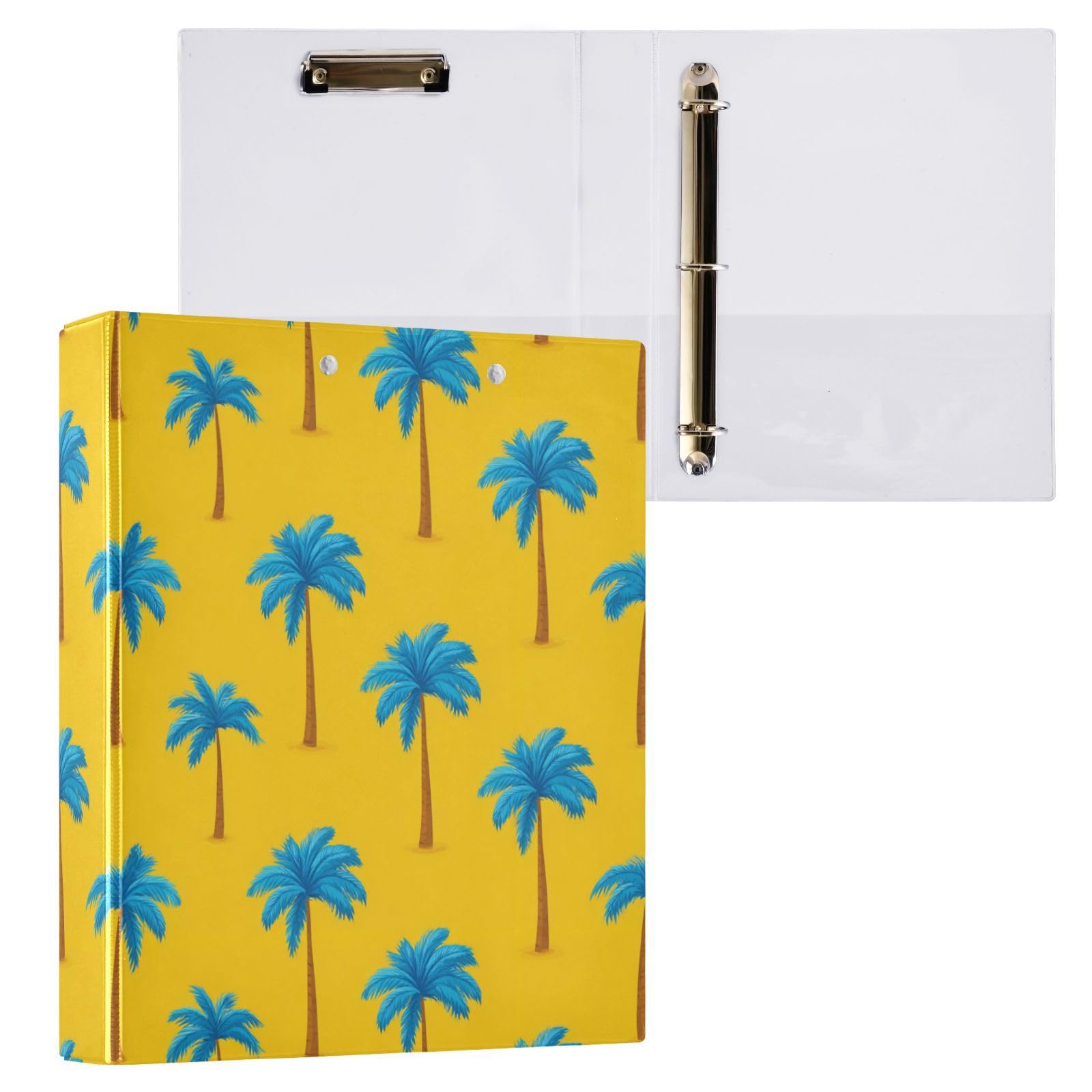 Kcldeci Raccoglitore a 3 anelli con copertina rigida per carta formato lettera, motivo albero di cocco blu, anelli rotondi da 3,8 cm, organizer per scuola/ufficio, confezione da 2