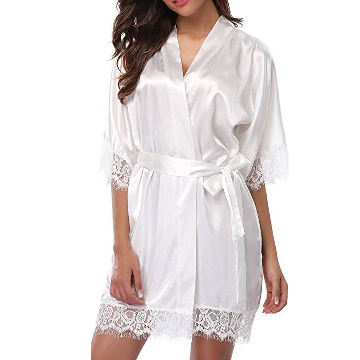 TBSCWYF Bata Mujer Seda Satén Corto Kimono Bata Pijama Vestido de Encaje Ropa de Dormir Suave Talla Grande Albornoces para Mujer Novia Dama