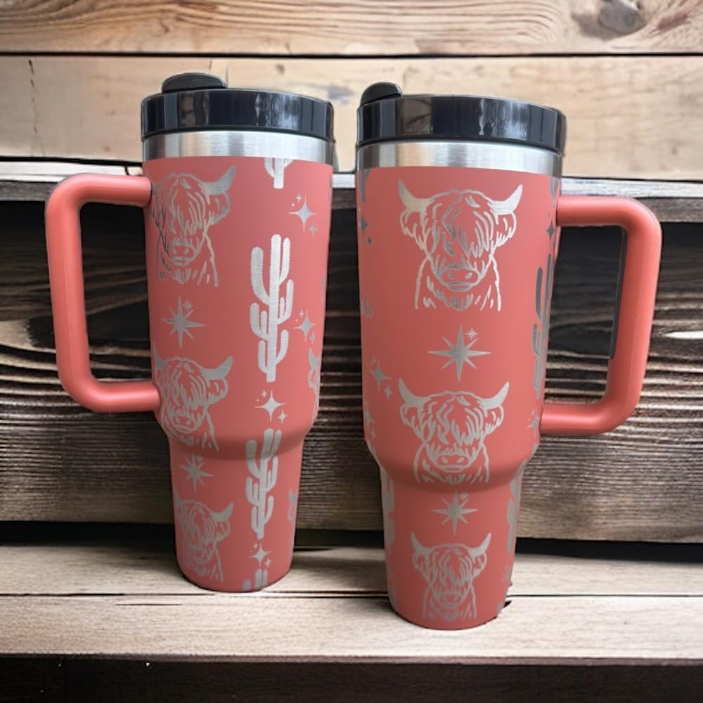 Western Style water bottle - Highland Cow Tumbler - Insulated 40 Ounce with Handle - (Rust(8)-Highland cow(R))