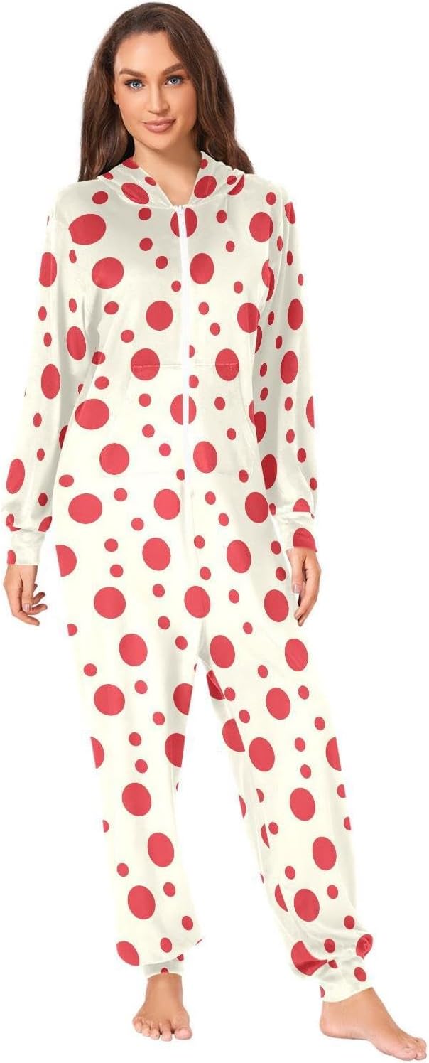 ZZKKO Red Polka Dots Adult Onesie Pajamas for Women Men Cozy One Piece Pajamas Costume Zip-Up Hooded S-XL