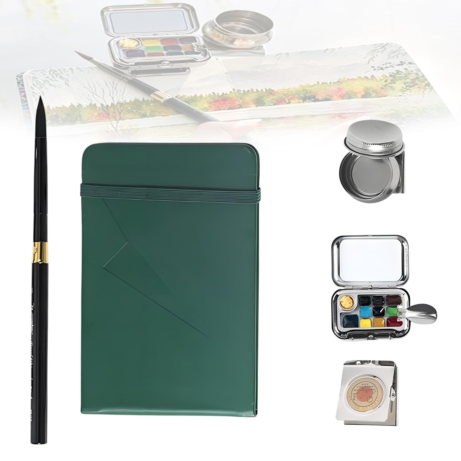 TsoLay Tragbares Aquarell-Skizzenbuch-Set, Metall Malkasten mit 10 Farben, Pinsel, Becher, Aquarellbuch, Reise-Malkit für Anfänger und Kunstbegeisterte, Kompaktes Set für Unterwegs Malerei
