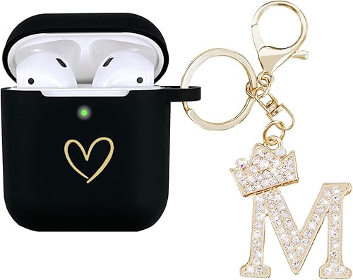 Funda compatible con AirPods, funda de silicona suave con patrón de corazón dorado para AirPods de 2 y 1 generación, con llavero de letra A-Z con