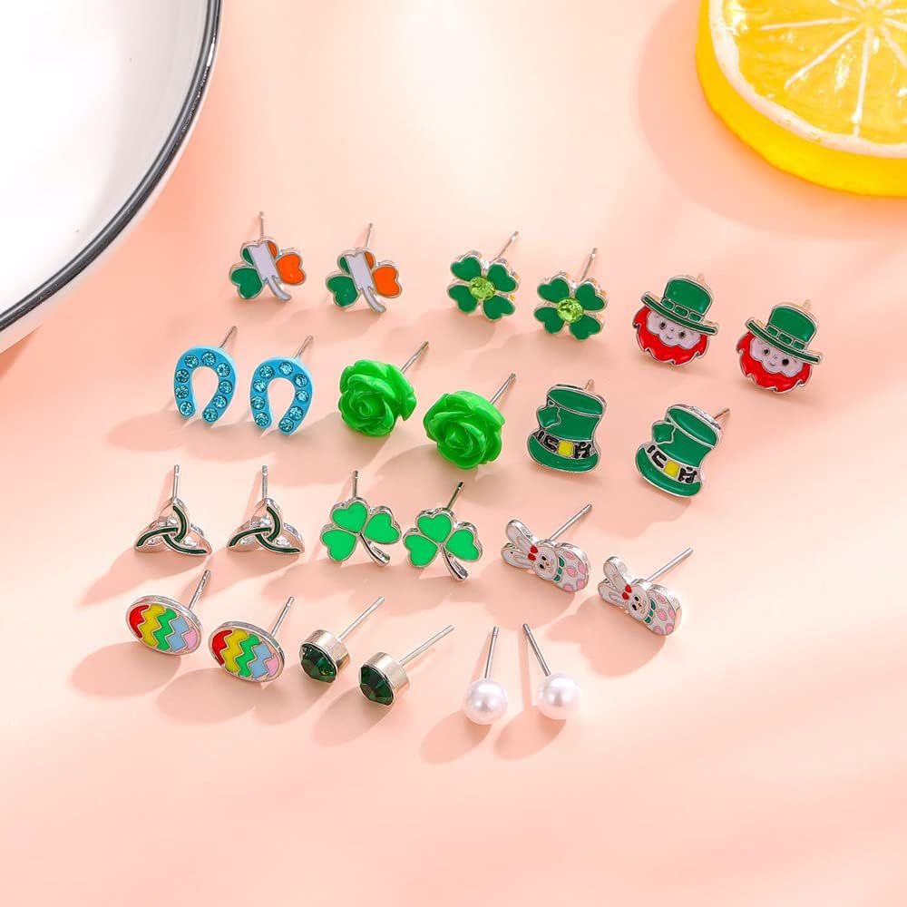 12 Pairs St Patrick's Day Stud Earrings Set for Girls Cute Easter Bunny Egg Earrings for Women Teen Girls Green Shamrock Clover Celtic Earrings Irish Jewelry - Image 2