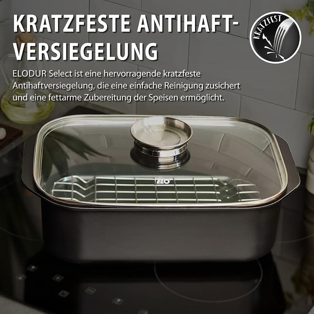 Elo 82661 Bräter Pure Trend Induktion 40 x 25 cm, Schwarz | mit Grillrost, kratzfest, ELODUR Select Beschichtung, Induktion, spülmaschinengeeignet