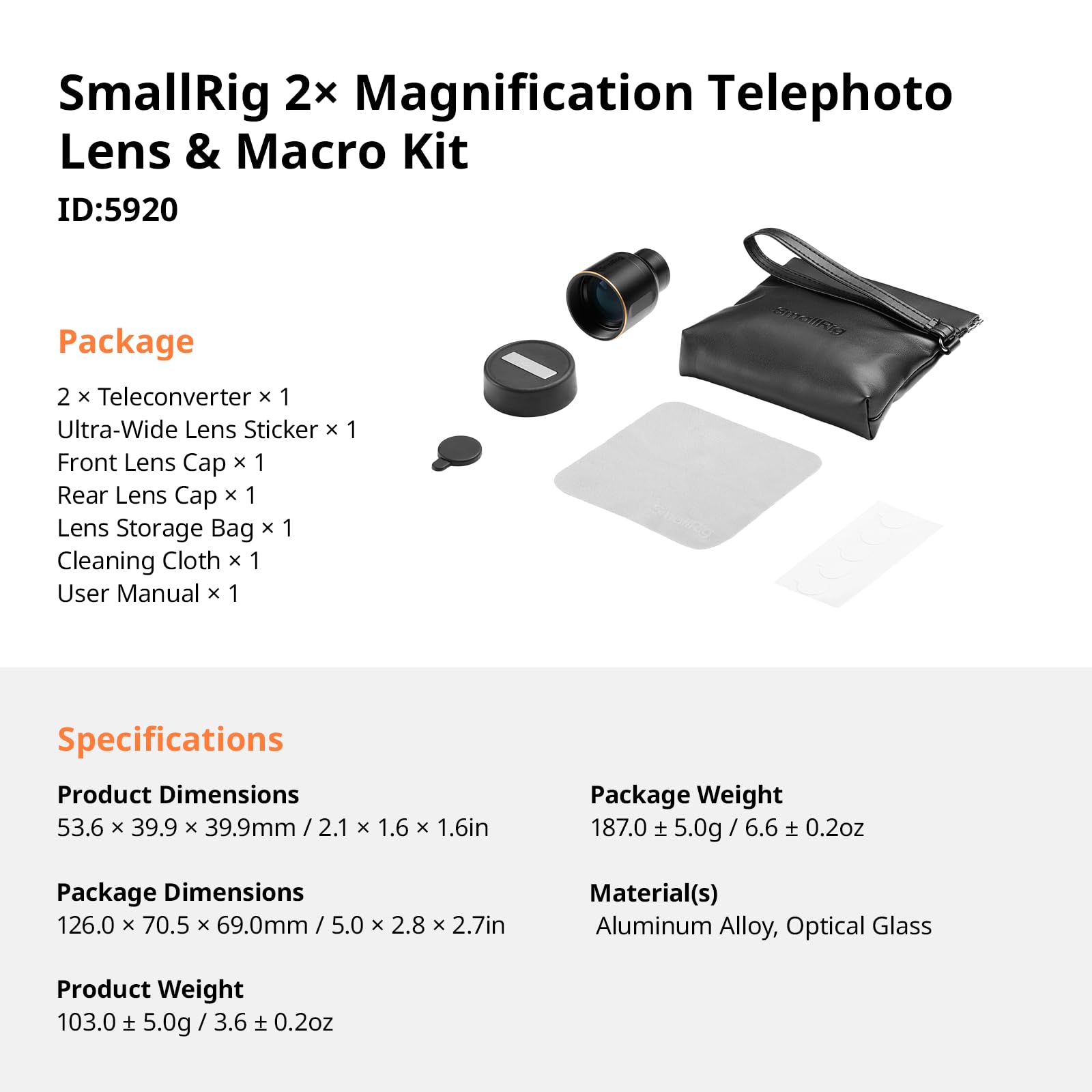 SMALLRIG Teleobiektyw 2 x do iPhone 17/16/15 Pro Max, 2x powiększenie obiektyw HD z uchwytem T-Mount do etui na telefon komórkowy, kompatybilny ze smartfonami 4x/5x/8x telekamera - 5920