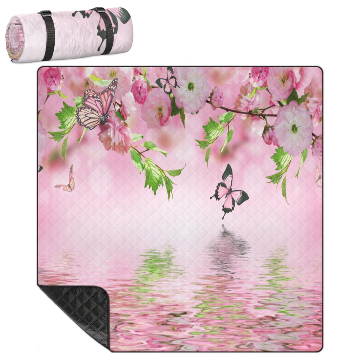 Shimoshe Extra Large Picnic Blankets 79”x 79”, Colorful Butterfly Cherry Blossoms Waterproof Foldable Picnic Mat with Straps Portable Beach Blanket for Camping Park Grass Beach Indoor