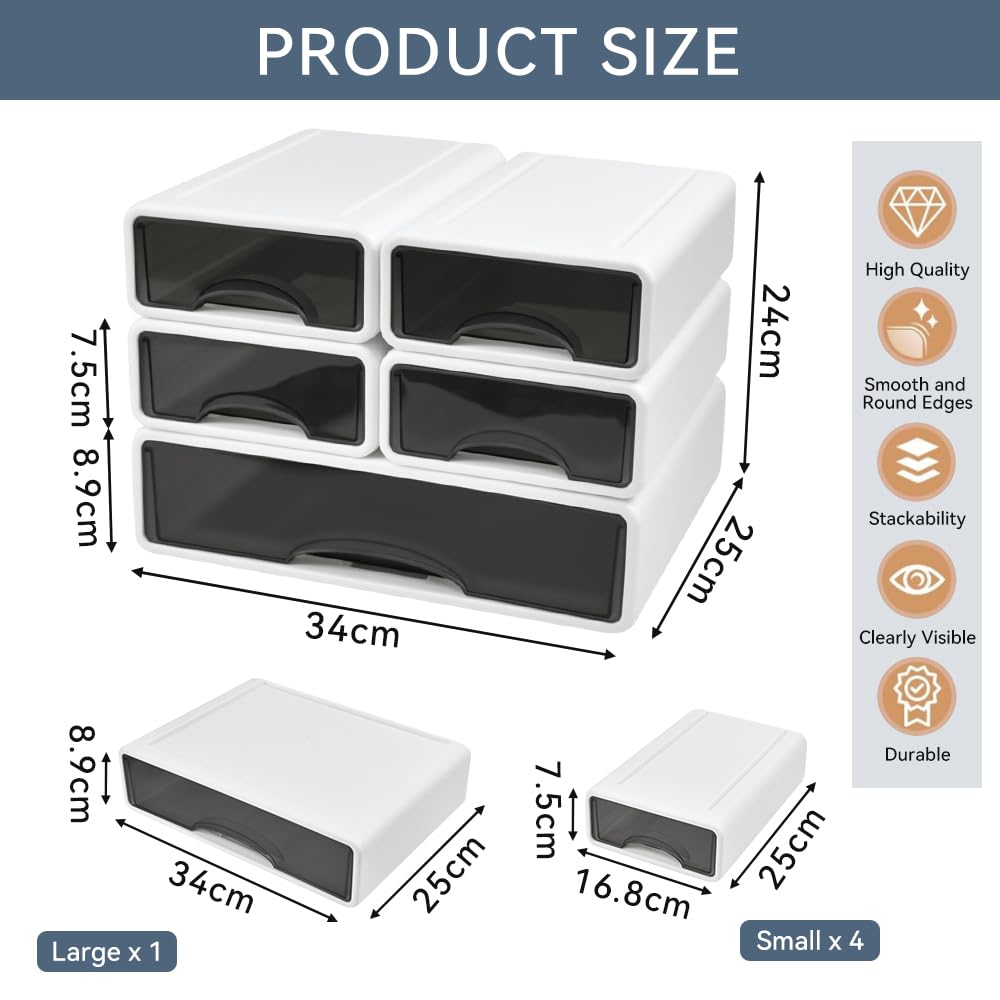 5 Set di Organizer da Scrivania, 25x17x7,5cm/34x25x9cm Scatole Impilabili per Cassetti da Scrivania Organizer Cassetti Salvaspazio Cassettiera Plastica Scrivania Contenitore per Casa, ufficio