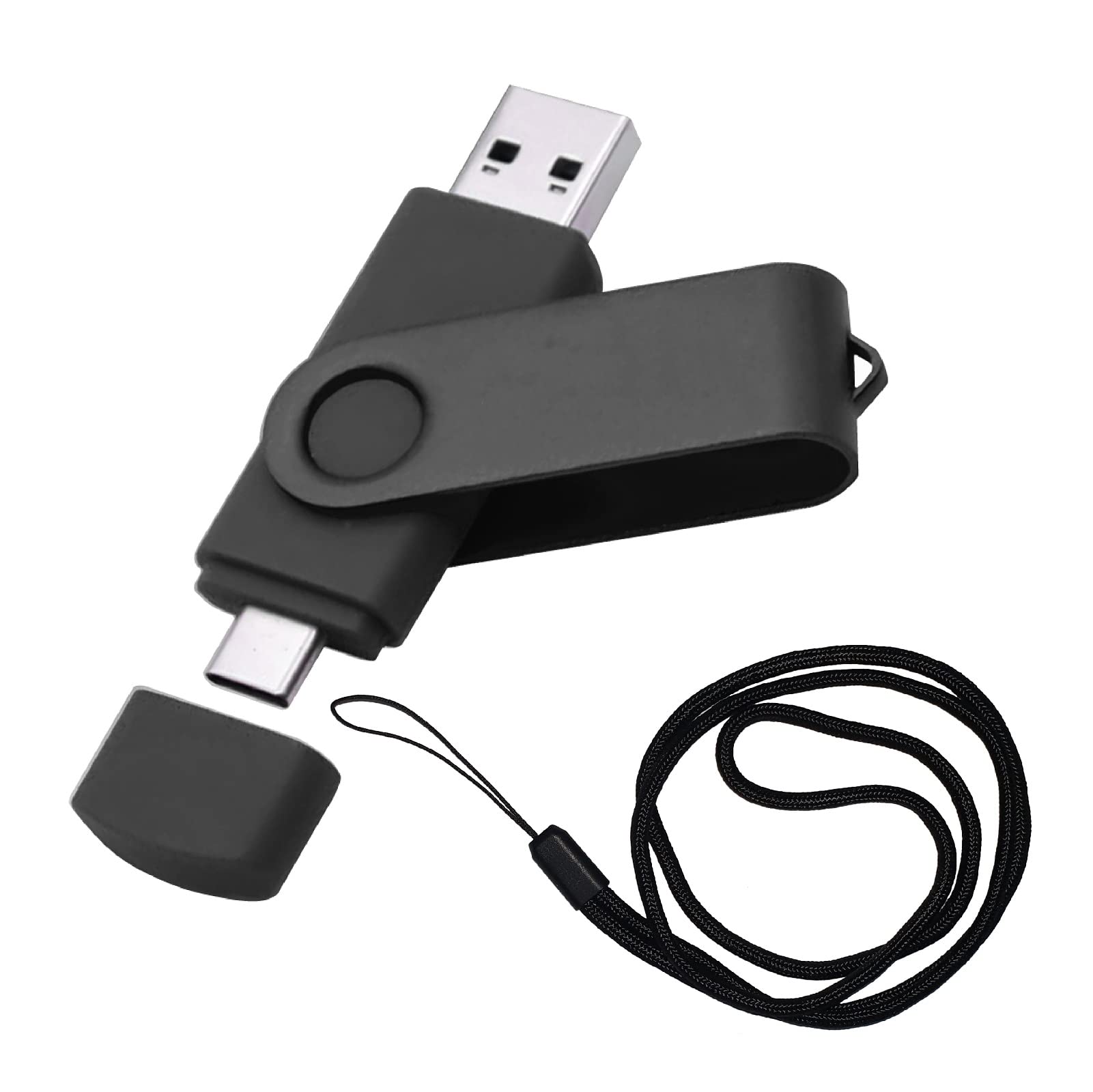 Vixelle32GB High Speed USB 3.0 Type-C Flash Drive with Lanyard - 360° Swivel Pen Drive with Keychain Loop - 2in1 Dual USB C Memory Stick - 32GB USB Stick for Smartphone, Tablet & Computer - Black