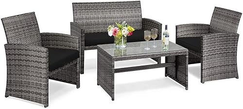 COSTWAY 4PCS Patio Rattan Muebles Set Conversación Vidrio Mesa Superior Acolchado Sofá Negro COSTWAY 4PCS Patio Rattan Muebles Set Conversación Vidrio Mesa Superior Acolchado Sofá Negro