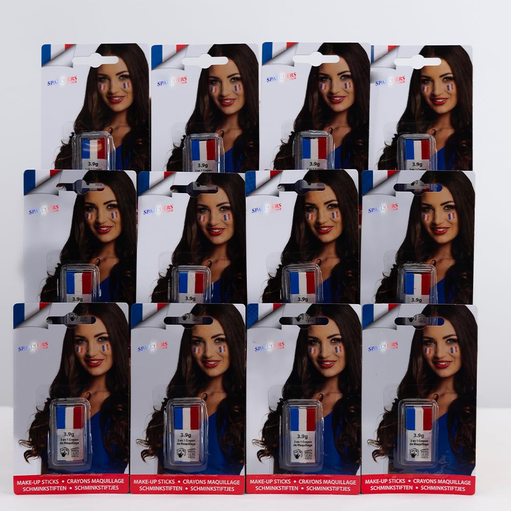Maquillage Tricolore x12 Bleu Blanc Rouge en Stick pour Supporter de l'équipe de France - Simple d'Utilisation, Idéal pour Supporter l'équipe de France pendant la Coupe du Monde de Rugby Football
