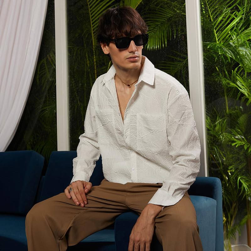 Image of CAHOOT Men's Multitrack Striped Oversized Shirt for Casual Wear | Spread Collar | Long Sleeve | Button Closure | Oversized Shirt Crafted with Comfort Fit for Everyday Wear