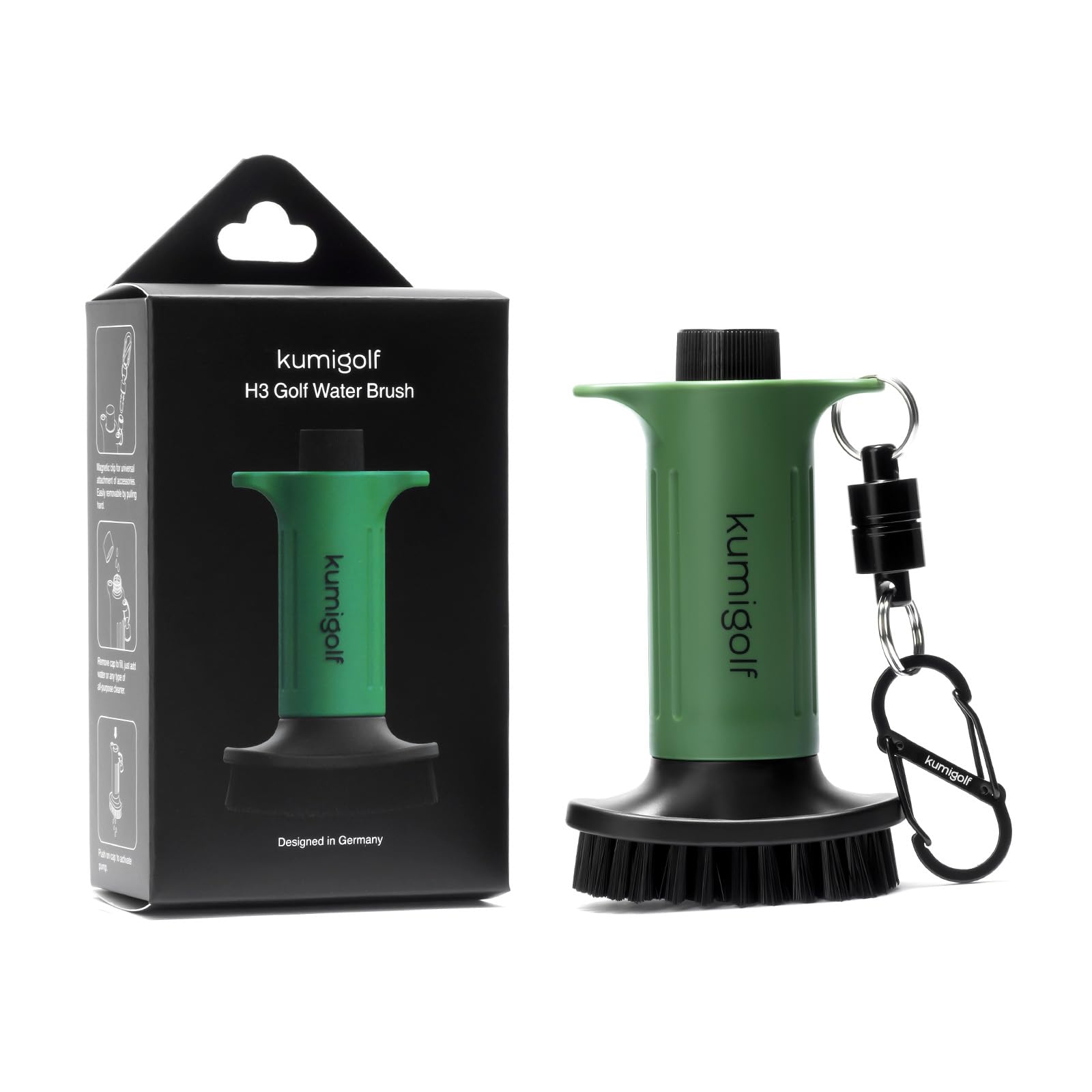 kumigolf® H3 Golf Water Brush, Spray Function & Magnetic Clips, Golf Club Brush and Golf Club Cleaner, High Quality and Strong Nylon Bristles for Club Surfaces, Grooves (Green)