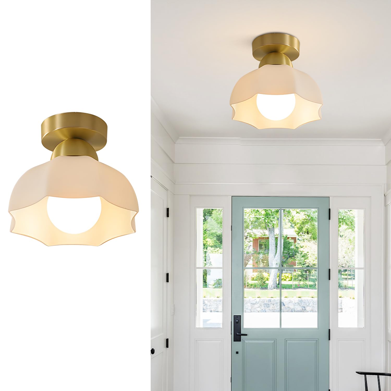 Mid Century Brass Ceiling Light Industrial Glass Hallway Light Fixtures Retro Vintage Semi Flush Mount Close to Ceiling Light for Entryway Bathroom Foyer