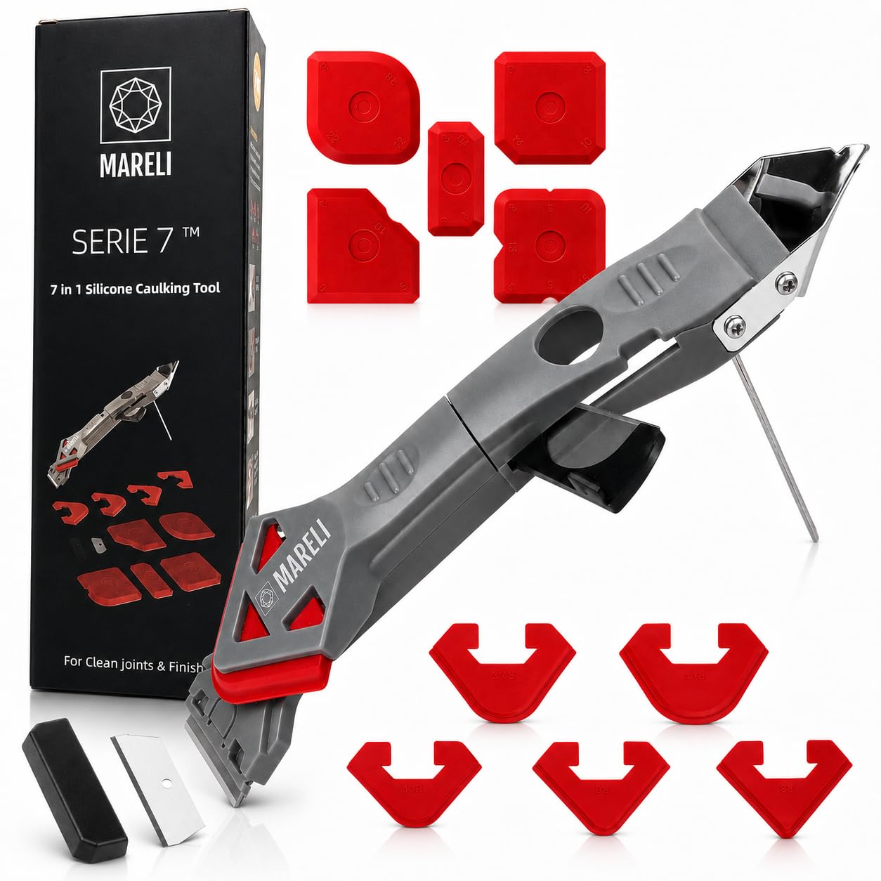 MARELI SERIE 7 - Spatola per Silicone Raschietto Togli Silicone Spatole per Silicone Calafataggio Flex Kit Silicone 7 in 1 Spatola Silicone Sigillante Professionale con Grout Remove per Bagno,Cucina