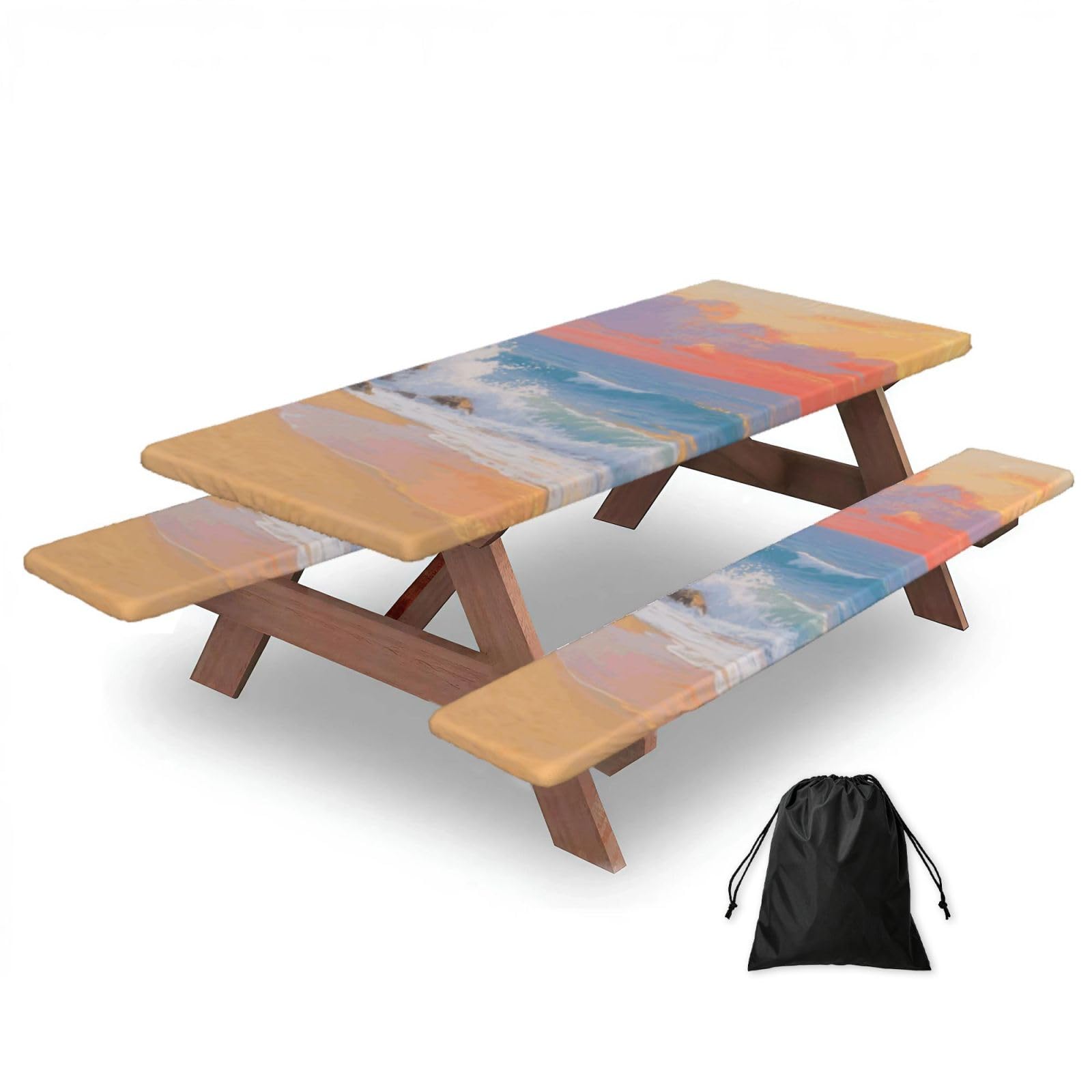 FekiLoot Sunset Beach Ocean Picnic Table Cover with Bench Covers and Bag, Windproof Waterproof Rectangle Tablecloth with Elastic Edges Fitted Camping Table Covers for Picnic Party Travel