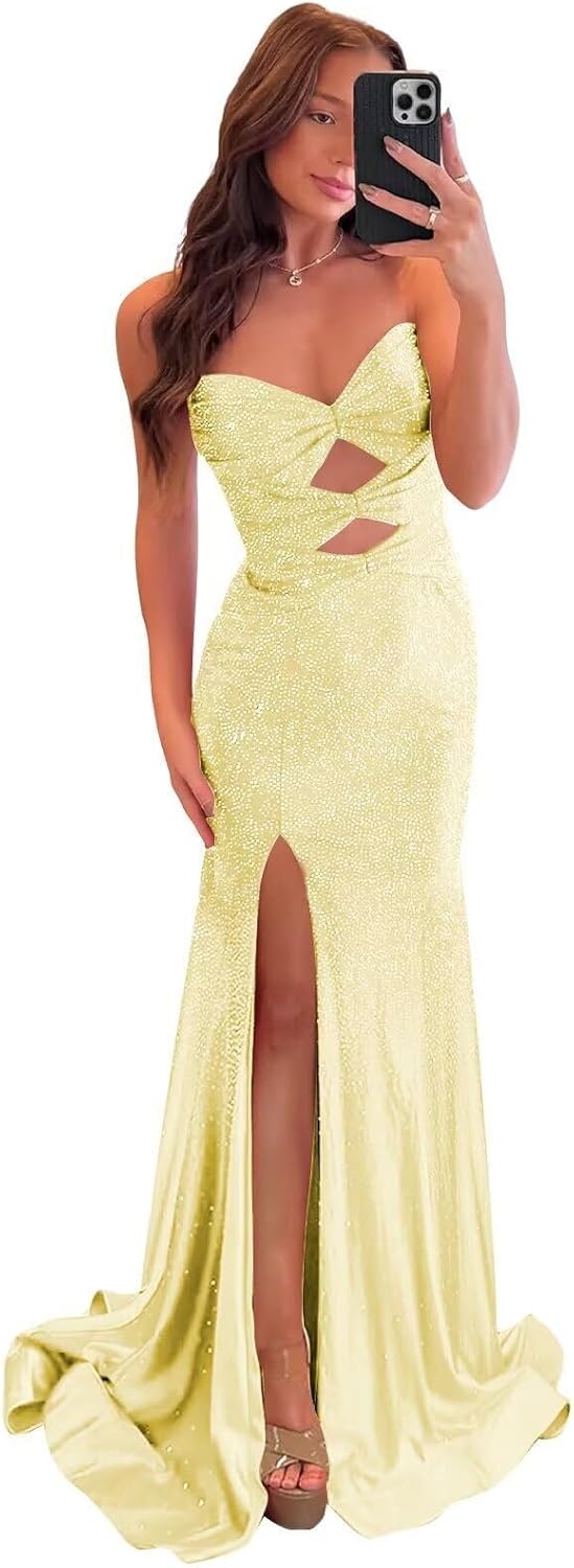 Sparkly Sequin Prom Dresses for Women Long Mermaid Strapless Bodycon Formal Evening Gowns with Slit