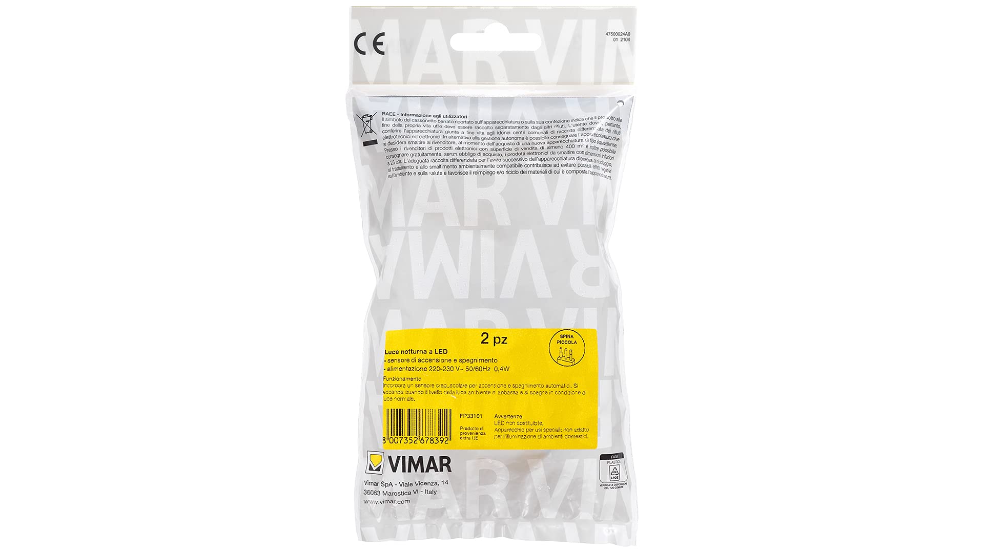 Vimar FP33101 Luce notturna a LED 2 pezzi, accensione e spegnimento automatico, crepuscolare incorporato, alimentazione 220-230 V 50/60Hz