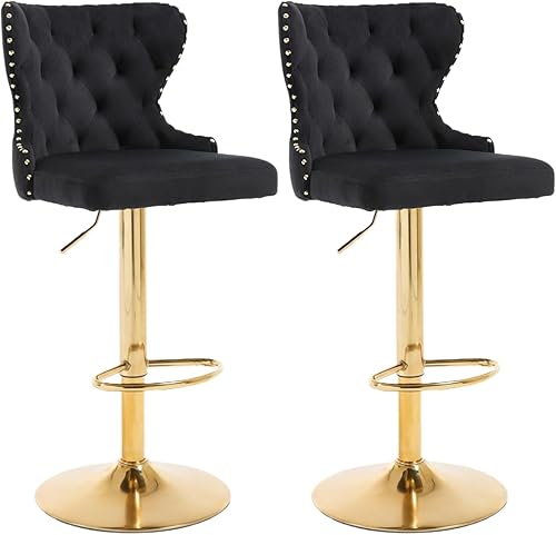 Set of 2 Adjustable Swivel Bar Stools,Velvet Upholstered Counter Height