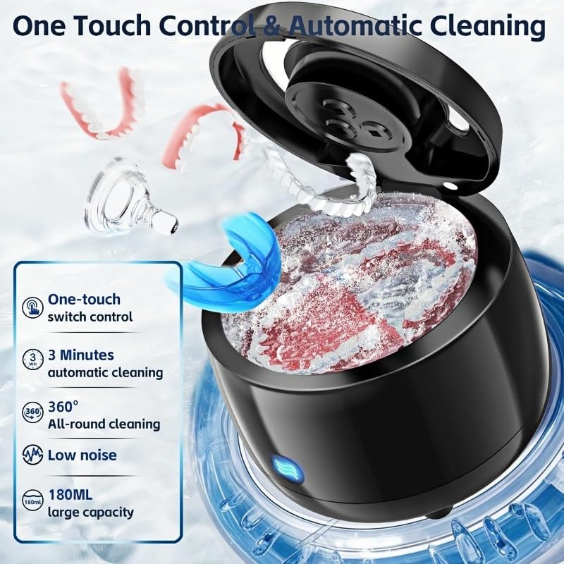 Ultrasonic Retainer Cleaner, 43kHz Denture and Aligner Cleaning Pod for Mouth Guards, Night Guards, Dental Trays, Braces, Toothbrushes, Jewelry, 180ML Capacity
