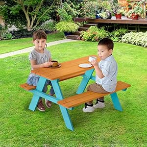 Teamson Kids - Wooden Outdoor Child Children Kids Picnic Table & Chair Bench Set - Brown/Aqua Teamson Kids Wooden Outdoor Child Children Kids Picnic Table Chair Bench Set BrownAqua